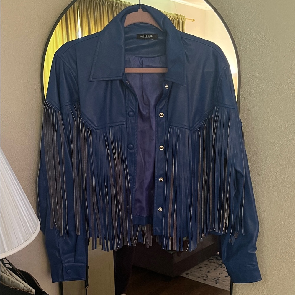 Nasty Gal Royal Blue Faux Leather Fringe Jacket